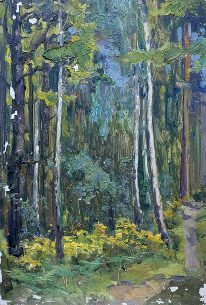 Textured oil painting Depths of a forest with tall birch trees and yellow wildflowers