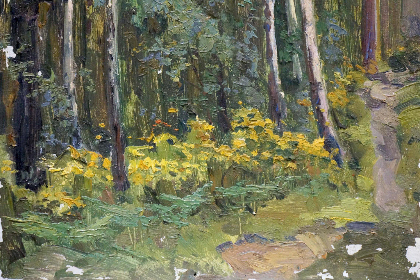 Vibrant oil painting Depths of a forest with tall trees and yellow wildflowers