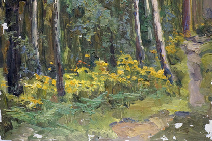 Vibrant oil painting Depths of a forest with tall trees and yellow wildflowers