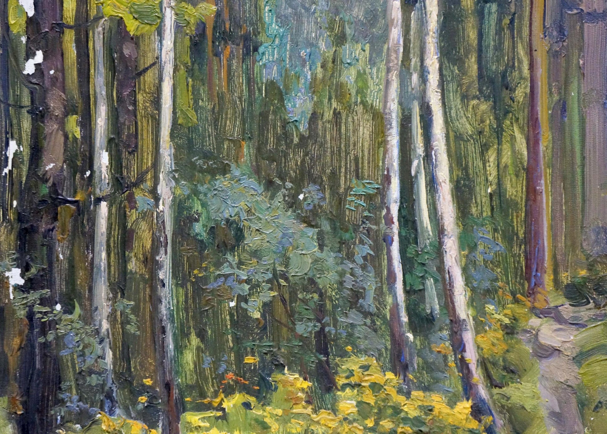 Oil painting Depths of a forest: textured tall trees, green foliage, yellow flowers
