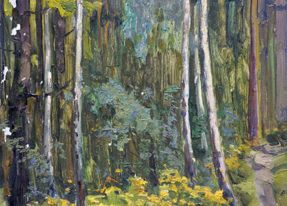 Oil painting Depths of a forest: textured tall trees, green foliage, yellow flowers