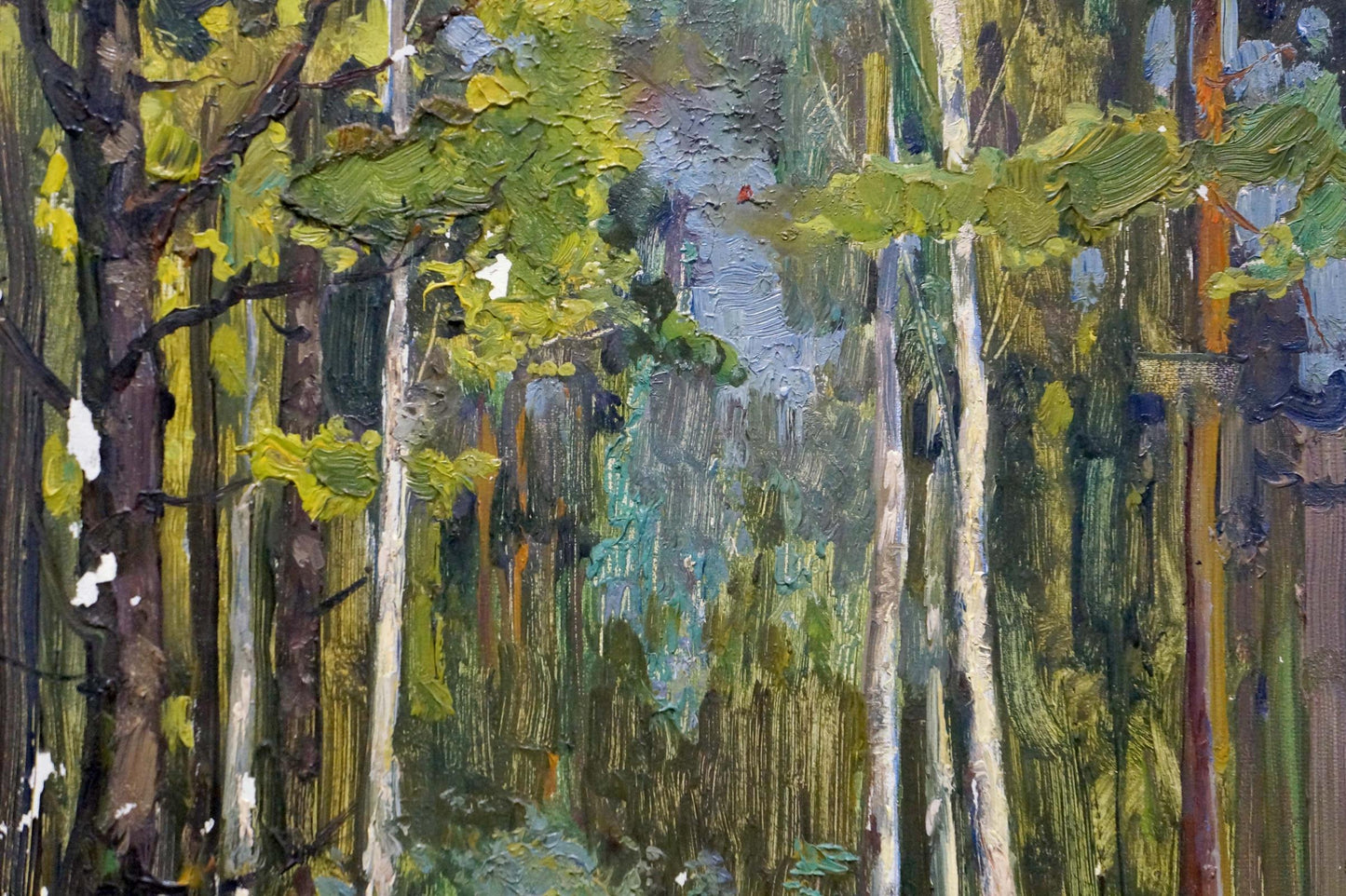 Textured oil painting Depths of a forest with tall slender green white trees