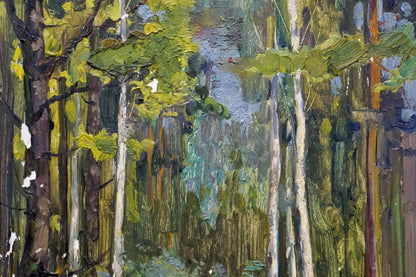 Textured oil painting Depths of a forest with tall slender green white trees