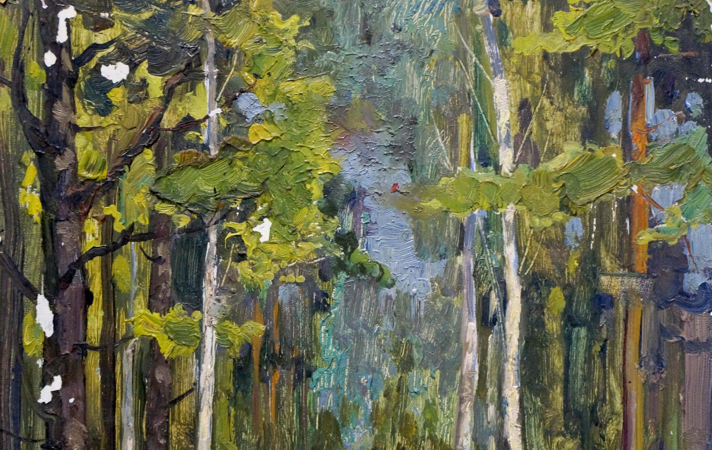 Textured impasto oil painting Depths of a forest with tall green trees
