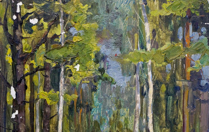 Textured impasto oil painting Depths of a forest with tall green trees
