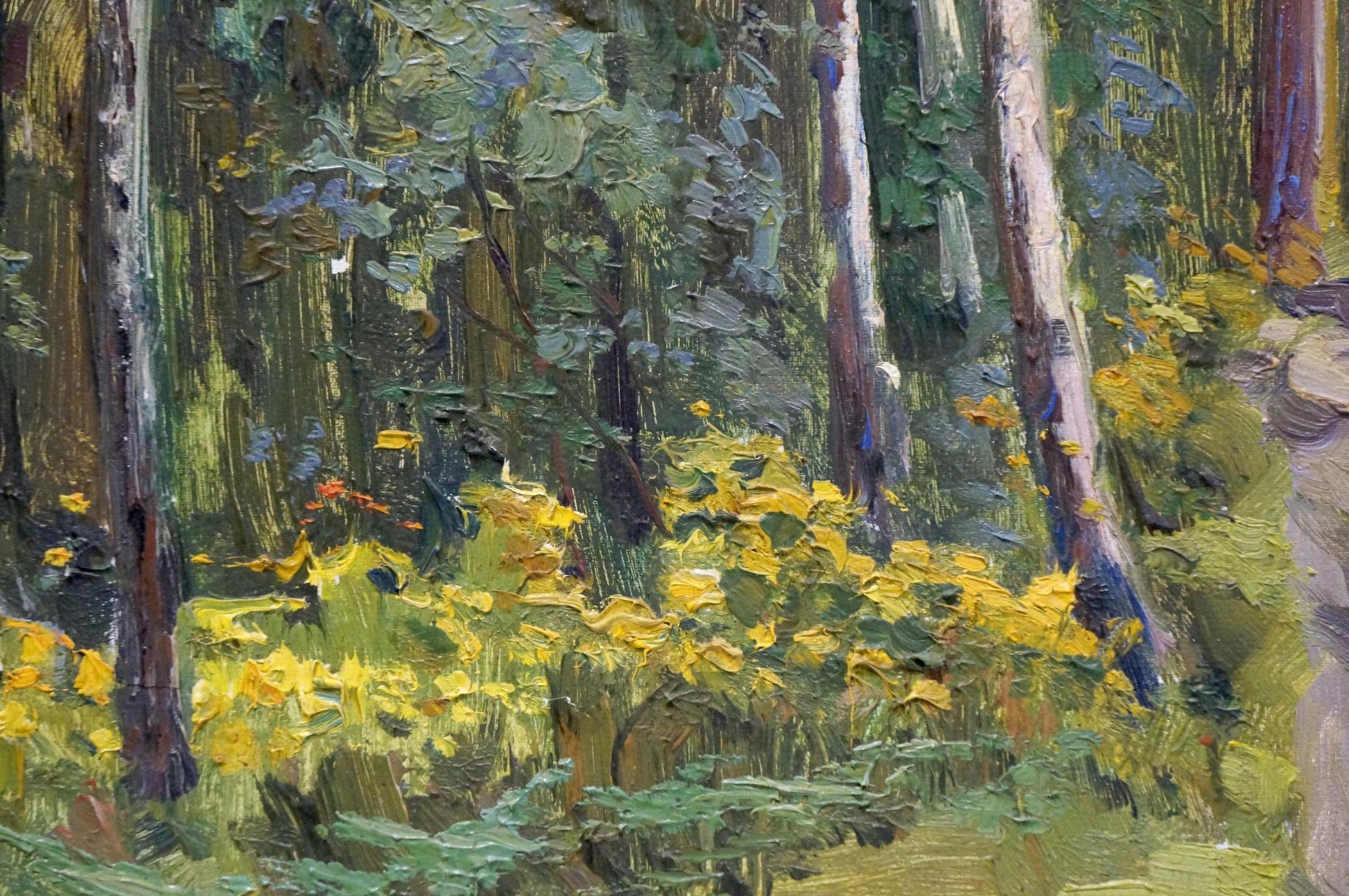 Oil painting Depths of a forest: vibrant yellow wildflower meadow and trees
