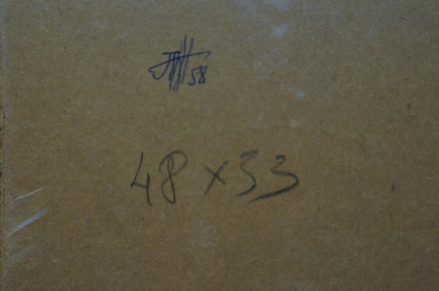 Brown cardboard box with Depths of a forest oil painting markings