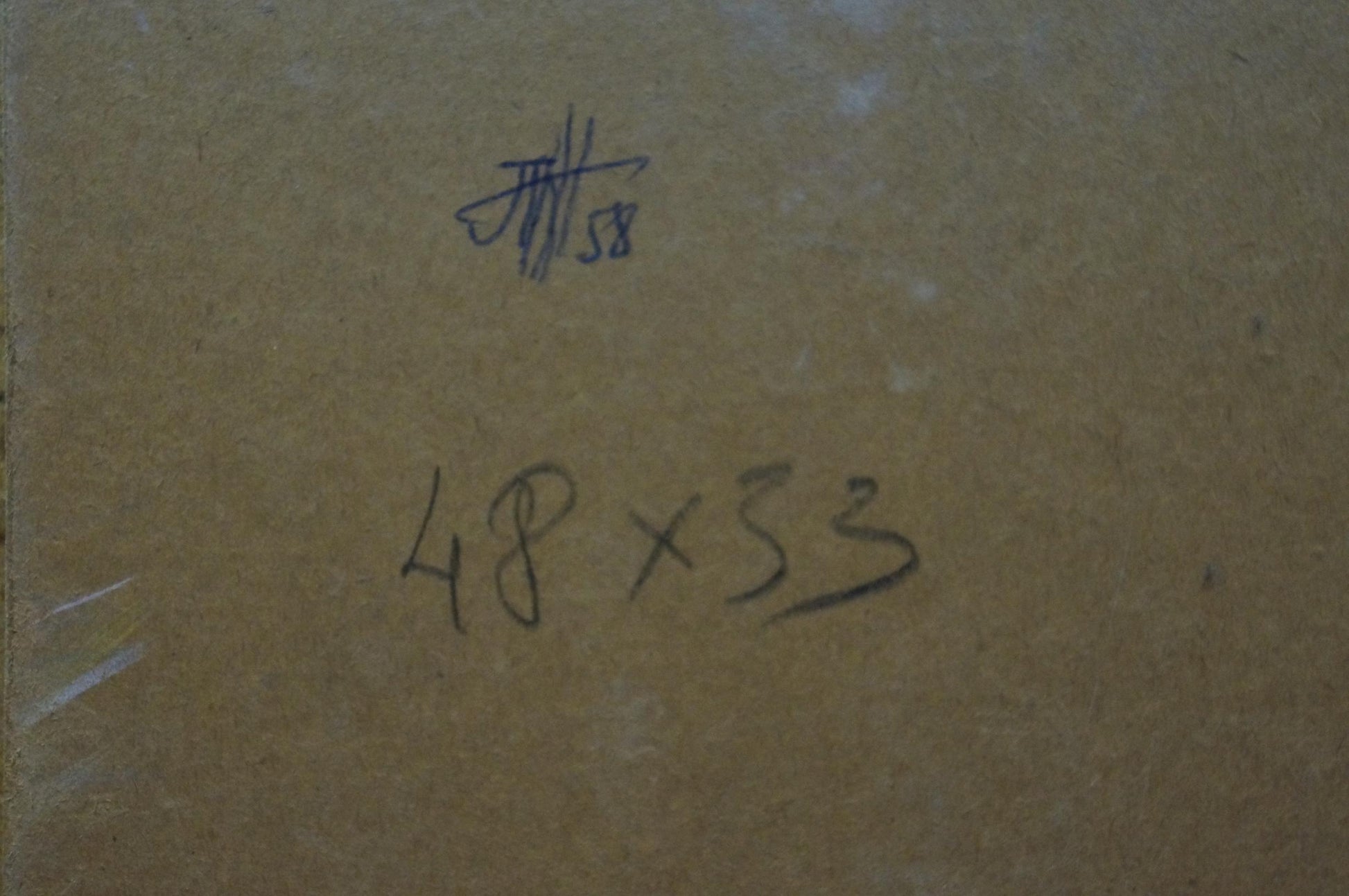 Brown cardboard box with Depths of a forest oil painting markings