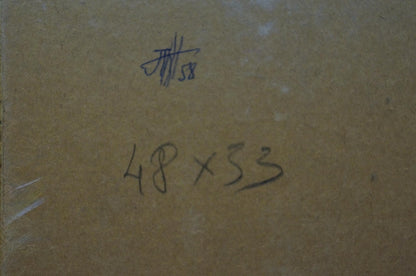 Brown cardboard box with Depths of a forest oil painting markings