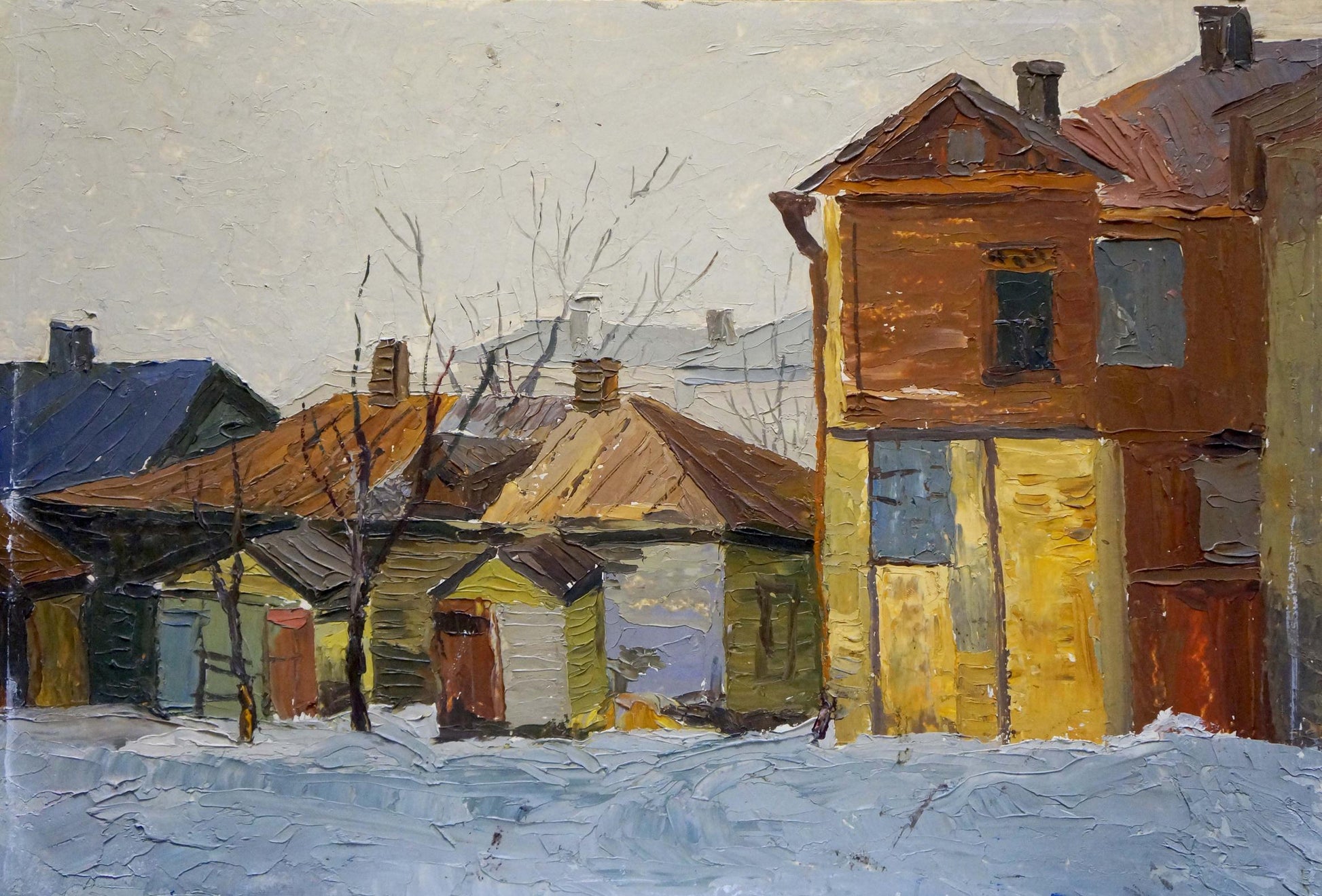 Oil painting urban landscape: snowy village street in warm ochre tones