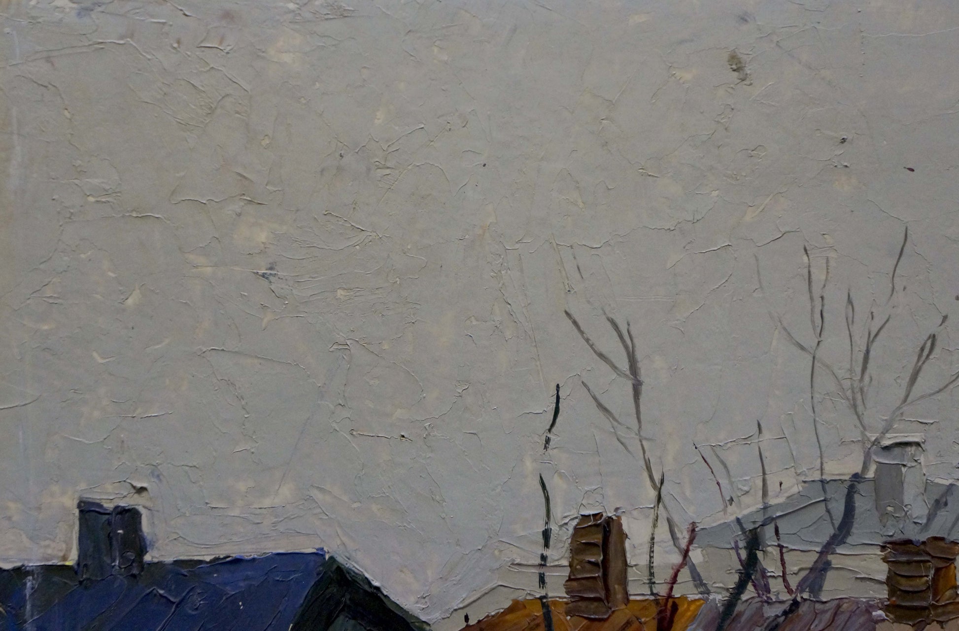 Oil painting urban landscape: textured gray sky above rooftops and bare tree branches