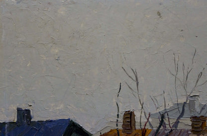 Oil painting urban landscape: textured gray sky above rooftops and bare tree branches