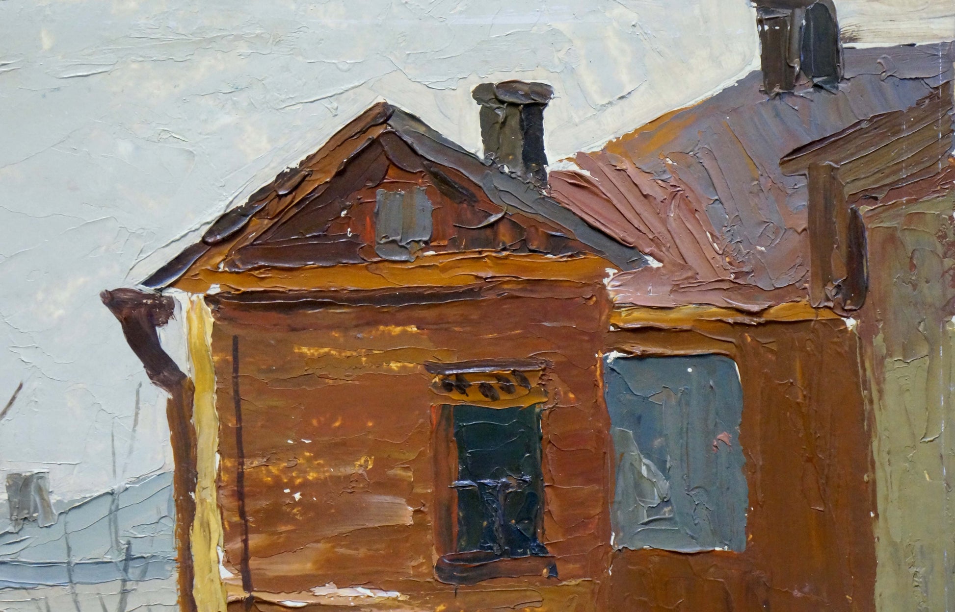 Oil painting of rustic brown wooden urban house with dark roof and chimneys