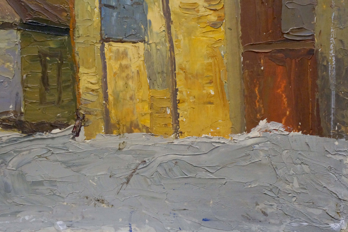 Oil painting urban landscape with textured colorful buildings