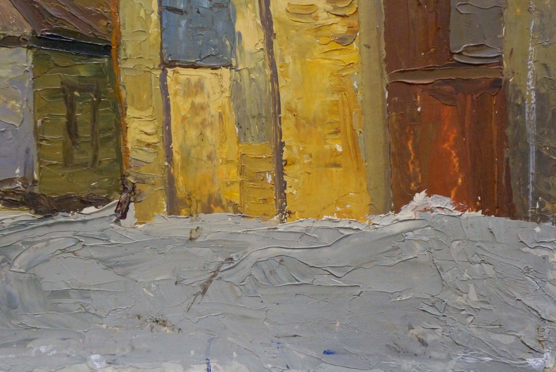 Oil painting urban landscape with textured colorful buildings
