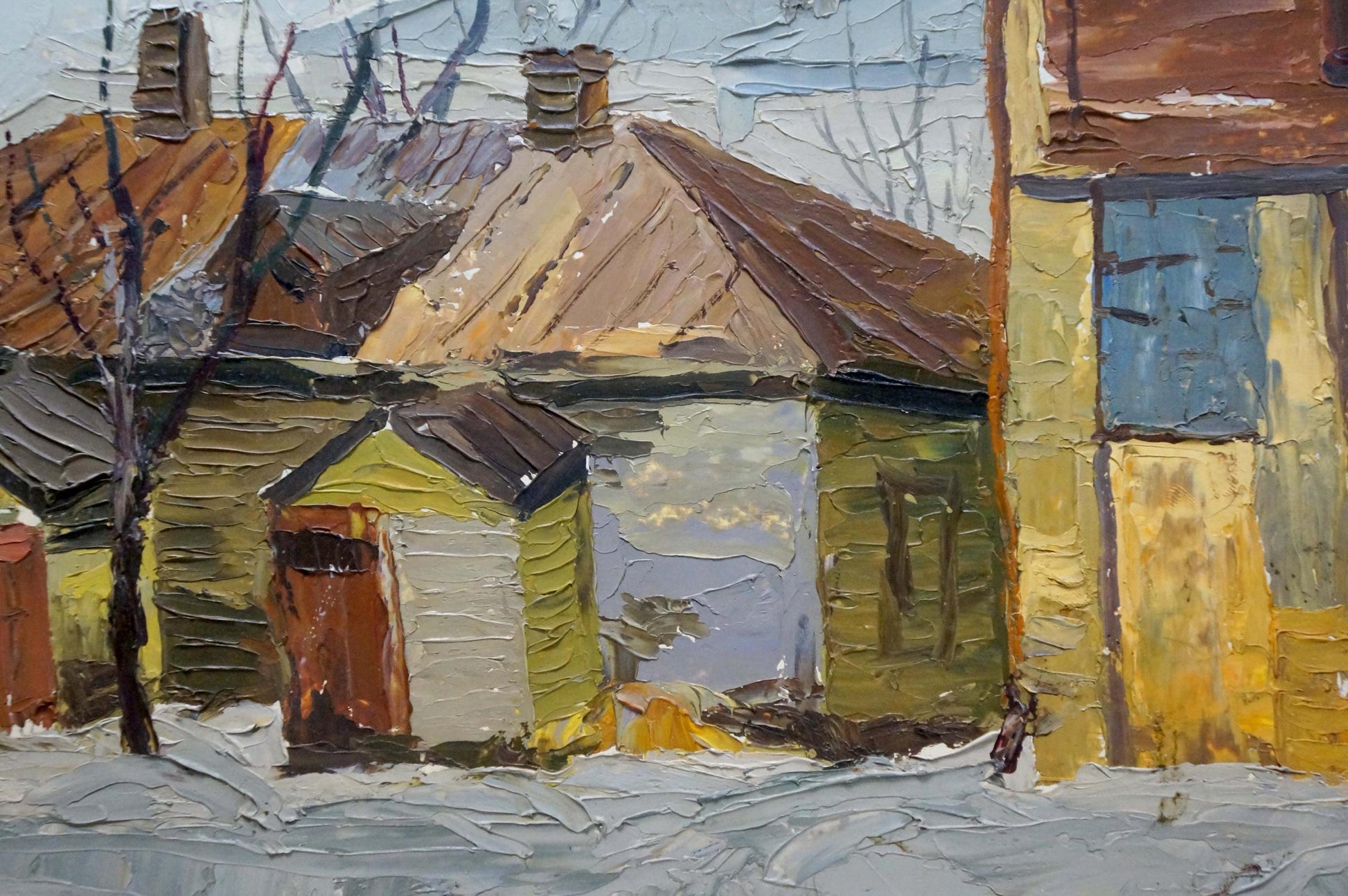 Textured oil painting of snowy urban village with wooden houses and bare trees