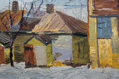 Textured oil painting of snowy urban village with wooden houses and bare trees