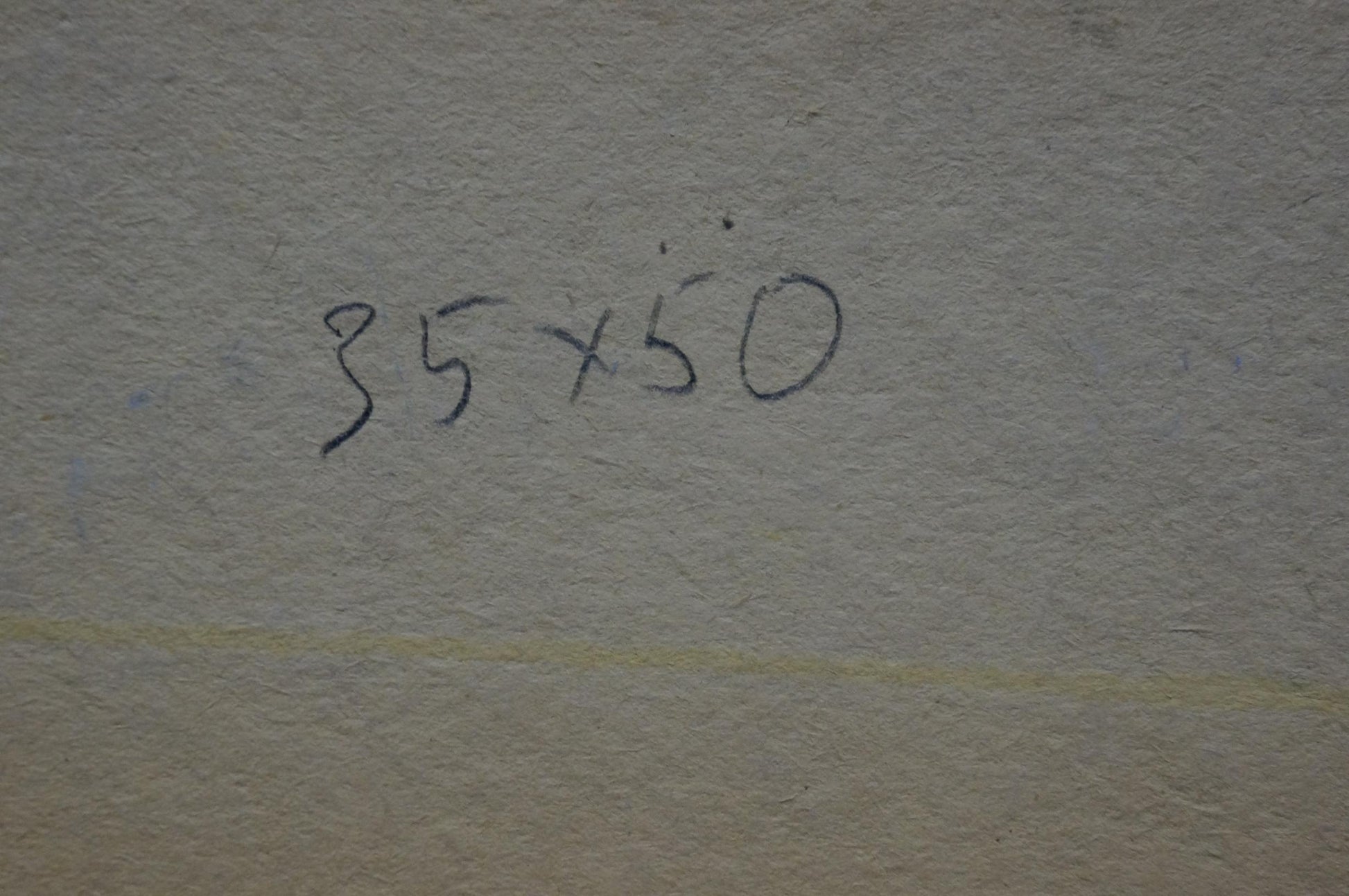 Back of oil painting Urban landscape with 35x50 inch handwritten measurement markings on textured gray wall