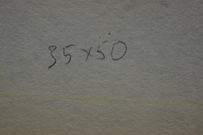 Back of oil painting Urban landscape with 35x50 inch handwritten measurement markings on textured gray wall