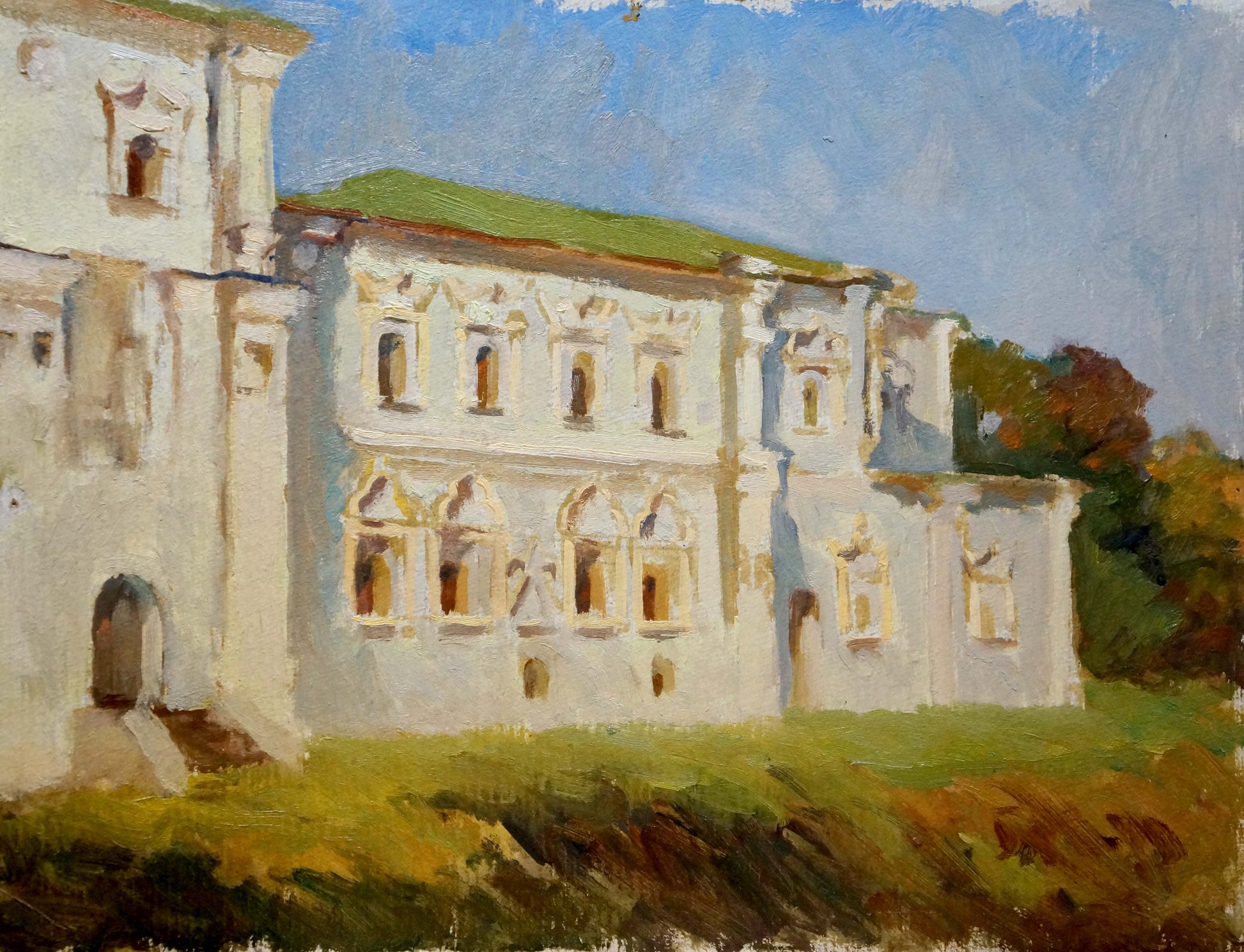 Impressionistic oil painting of white stone museum with green roof