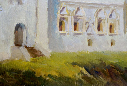 Impressionistic oil painting of white stone museum with arched windows