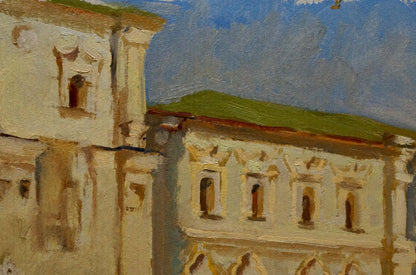 Oil painting of classical stone museum with arched windows and green roofs