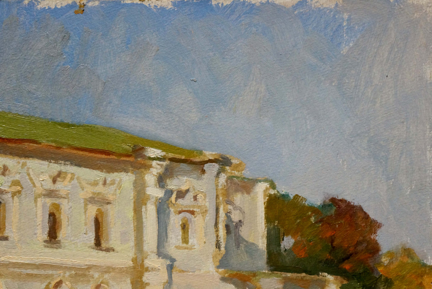 Oil painting Museum: classical white building with olive-green roof under blue sky
