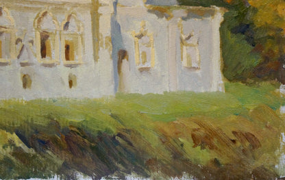 Impressionistic oil painting of white stone museum with arches on green grass