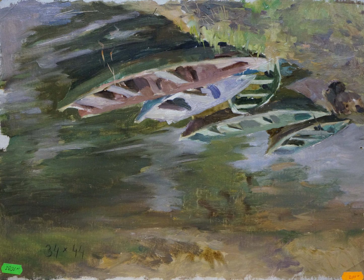 Oil painting museum watercolor of boats in calm greenish waters