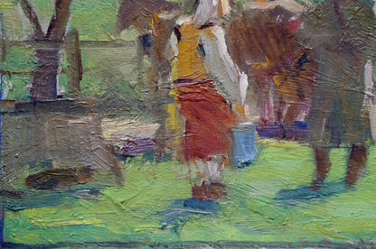 Oil painting by Bazylev Nikolay Ivanovich: woman in yellow top and red skirt on green grass