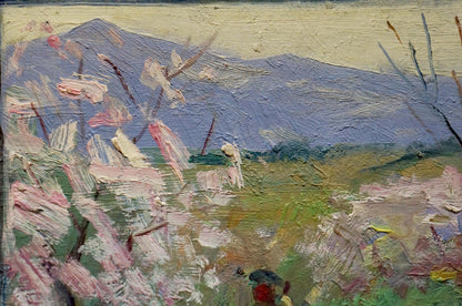 Oil painting of rural life by Bazylev Nikolay Ivanovich, textured mountains