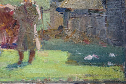 Oil painting Rural life by Bazylev Nikolay Ivanovich earthy figure on green grass