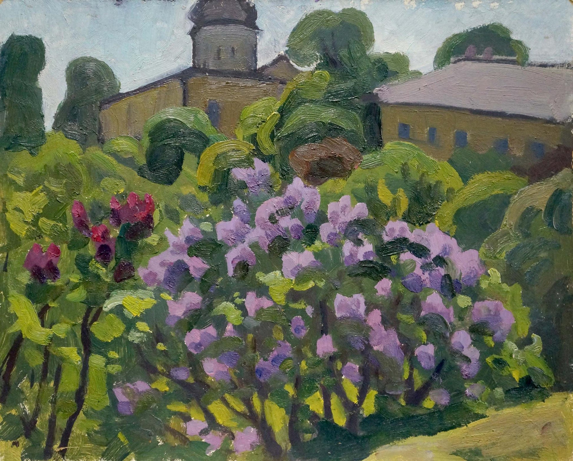 Vibrant purple lilac bush in garden, impressionistic oil painting by Yuri Ivanovich Khimich