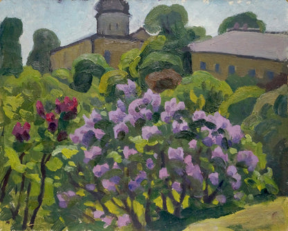 Vibrant purple lilac bush in garden, impressionistic oil painting by Yuri Ivanovich Khimich