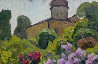 Oil painting of rustic stone tower amid garden trees by Yuri Ivanovich Khimich