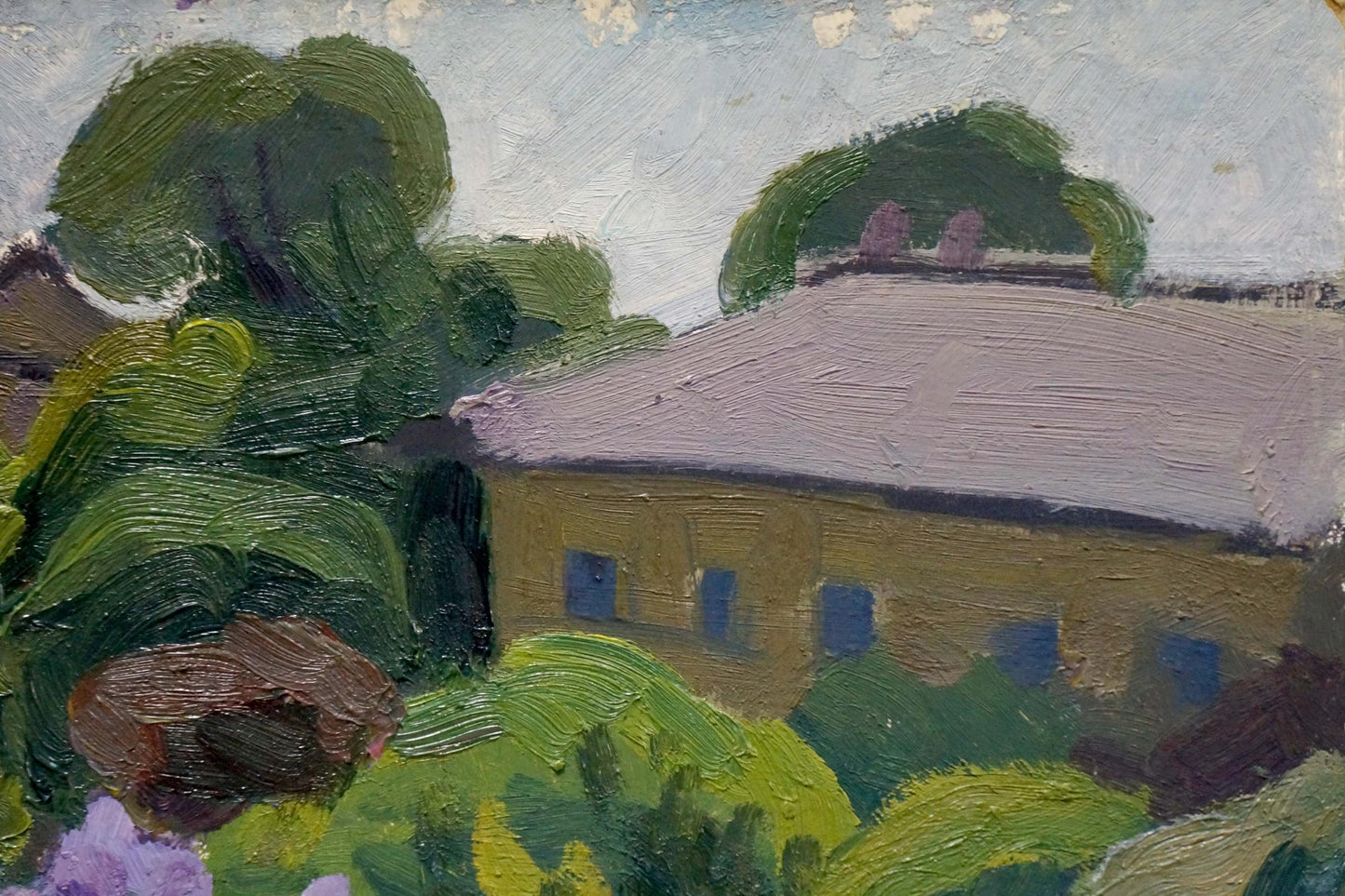 Impressionistic oil painting of Yuri Ivanovich Khimichs rustic yellow house among trees