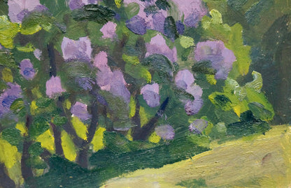 Vibrant impressionist lilac bush oil painting by Yuri Ivanovich Khimich