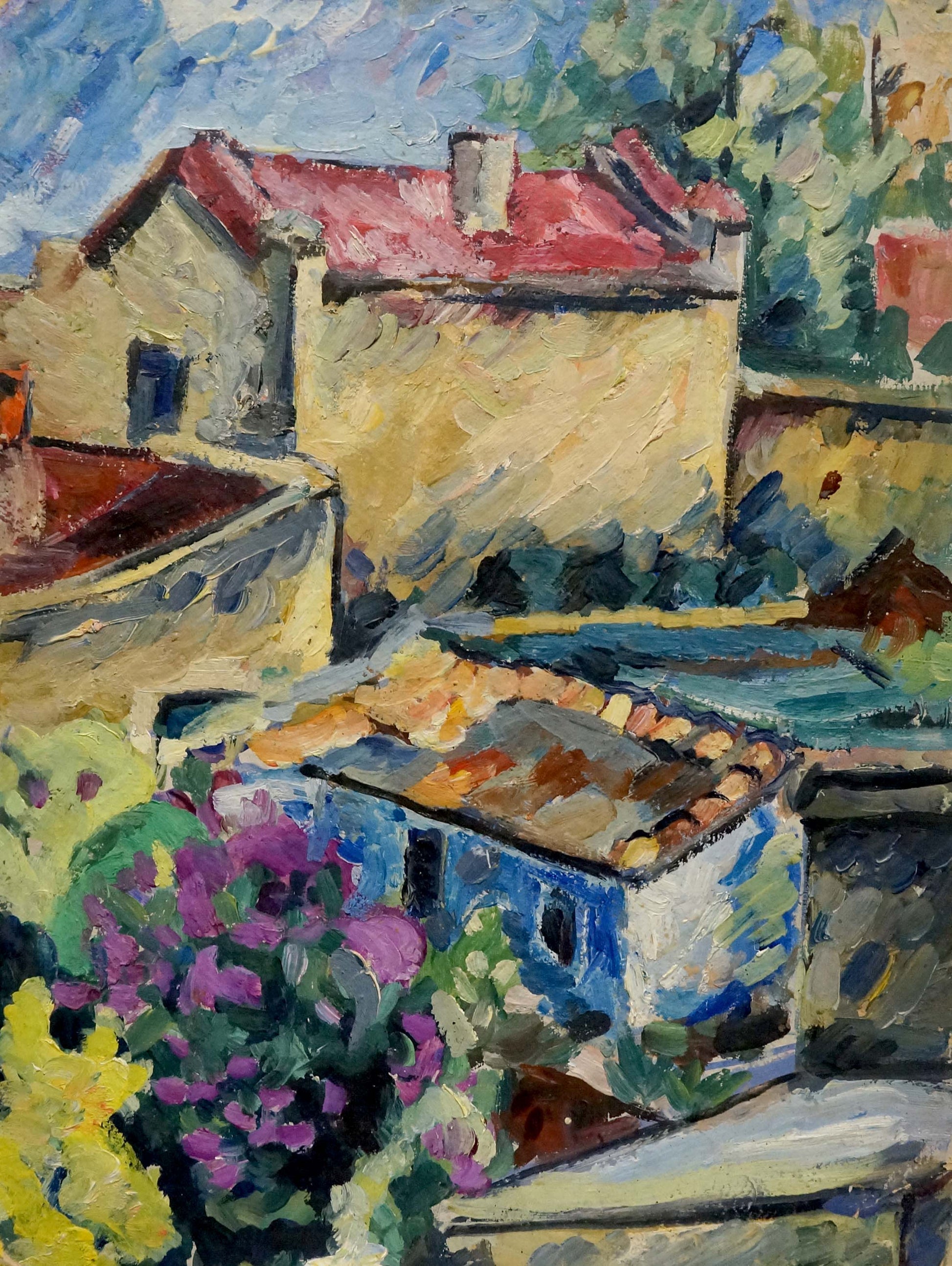 Vibrant impressionist oil painting by Sergei Arsenievich Vinogradov of sunlit village
