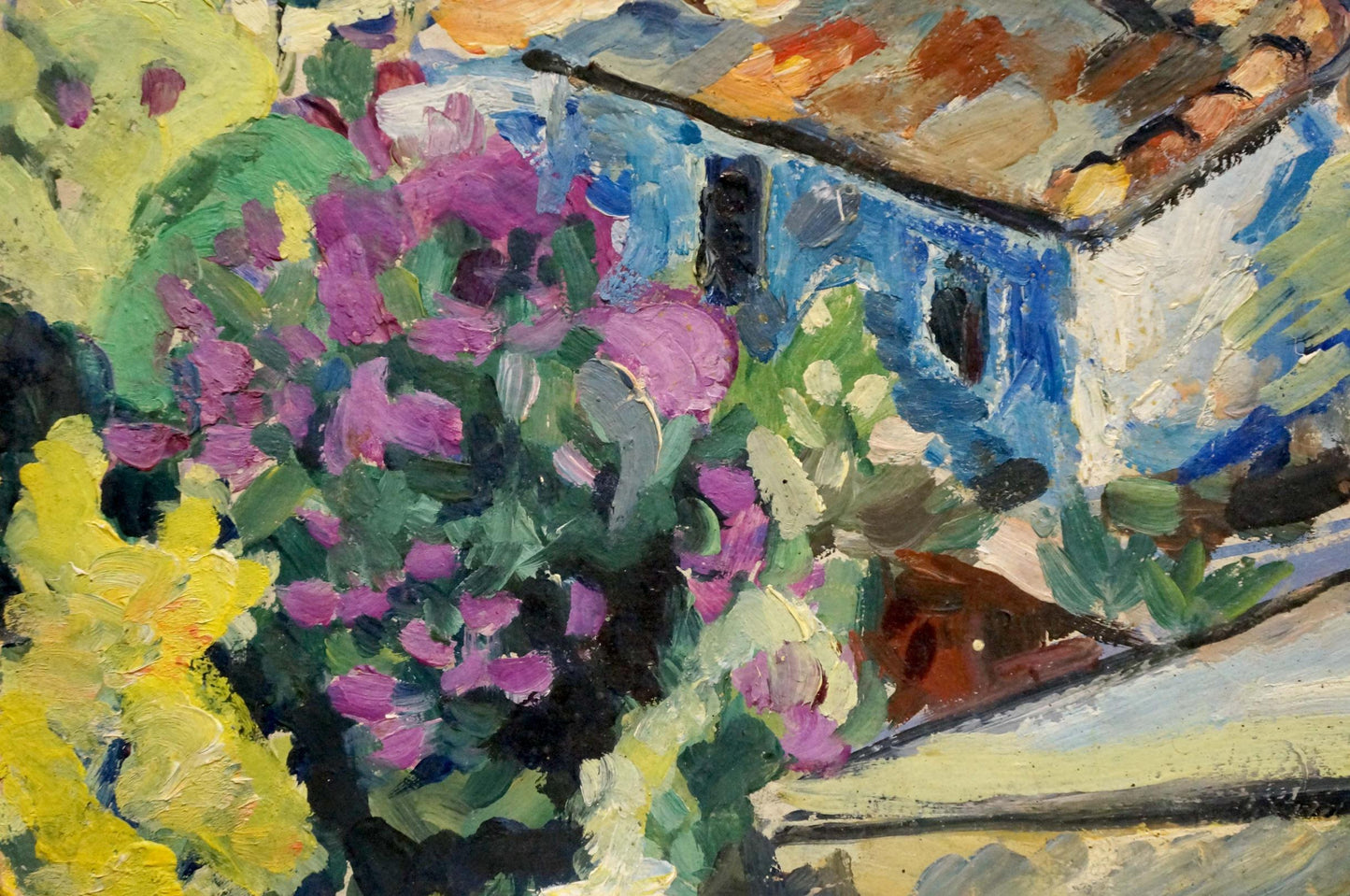 Vibrant purple yellow flowers in Sergei Arsenievich Vinogradov oil painting