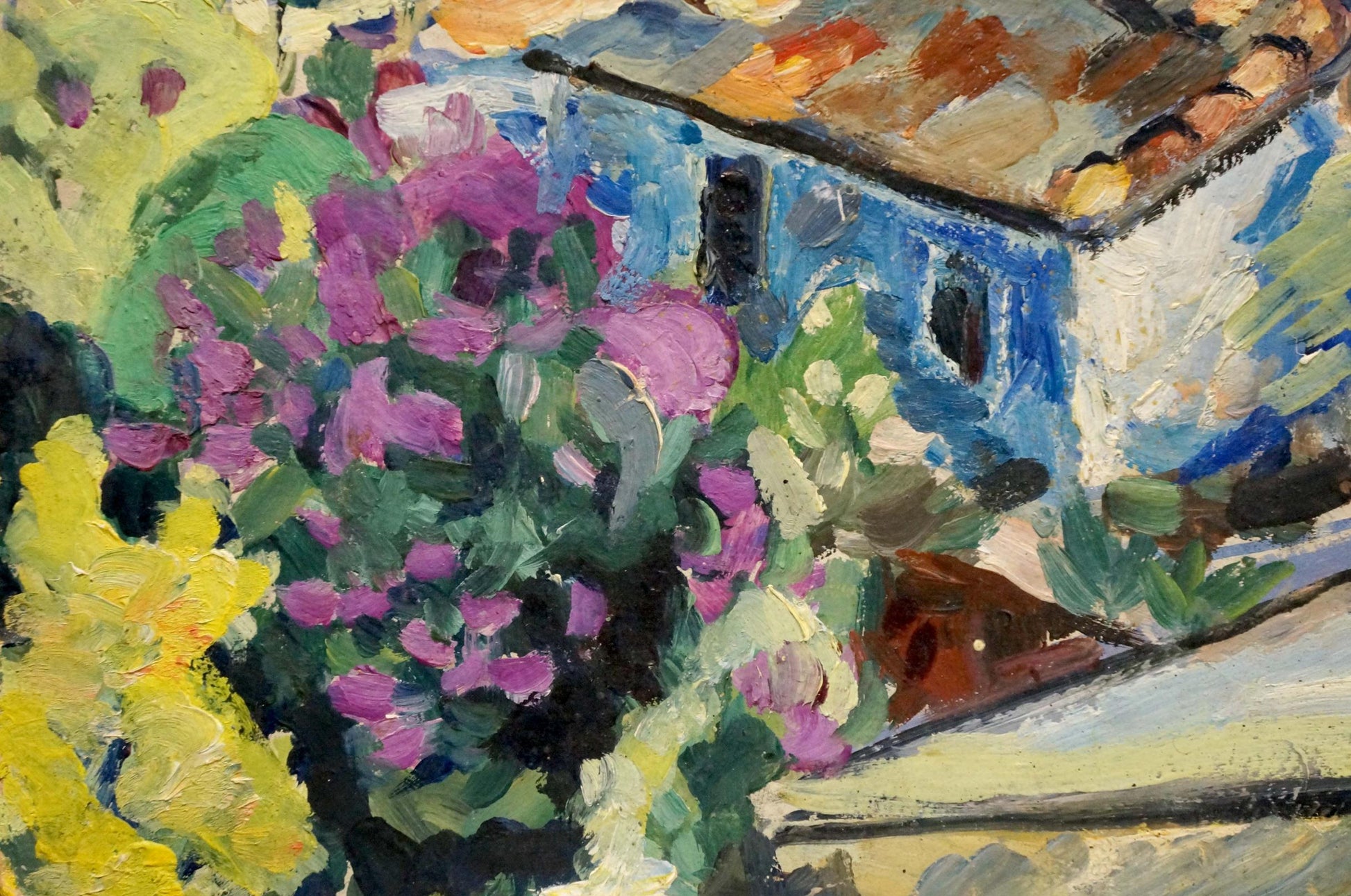 Vibrant purple yellow flowers in Sergei Arsenievich Vinogradov oil painting