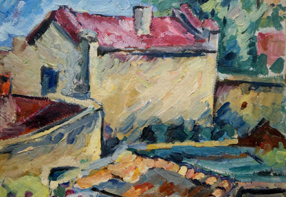 Vibrant impressionist oil painting by Sergei Arsenievich Vinogradov of yellow stone house