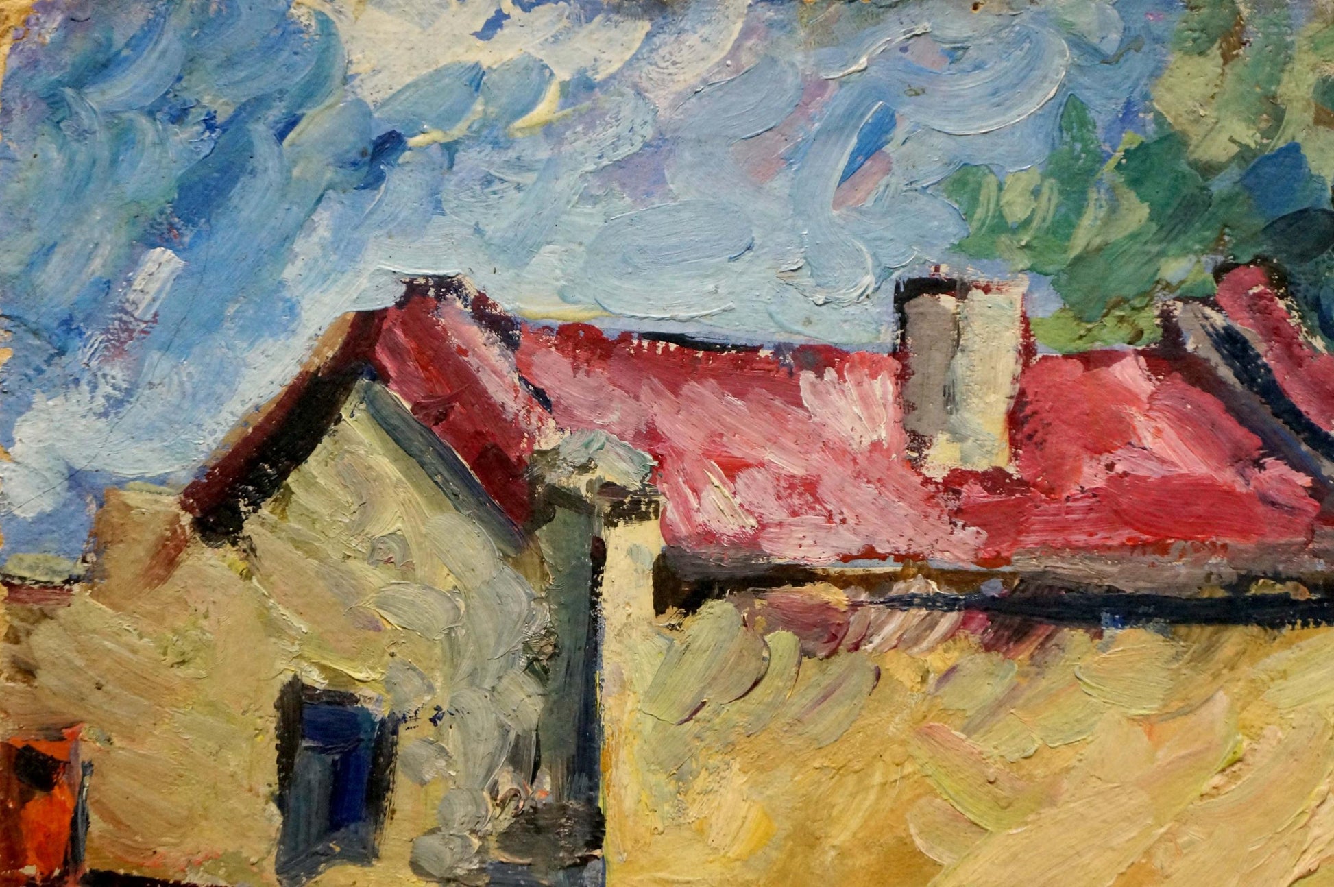Oil painting by Sergei Arsenievich Vinogradov: red-tiled roof house under swirling sky