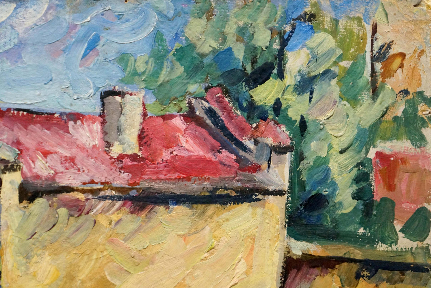 Oil painting of vibrant red roof and gray chimney by Sergei Arsenievich Vinogradov
