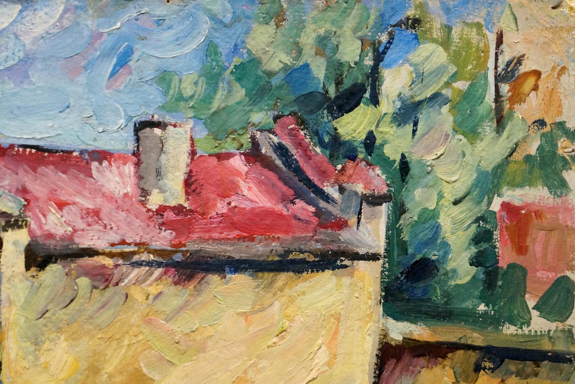 Oil painting of vibrant red roof and gray chimney by Sergei Arsenievich Vinogradov