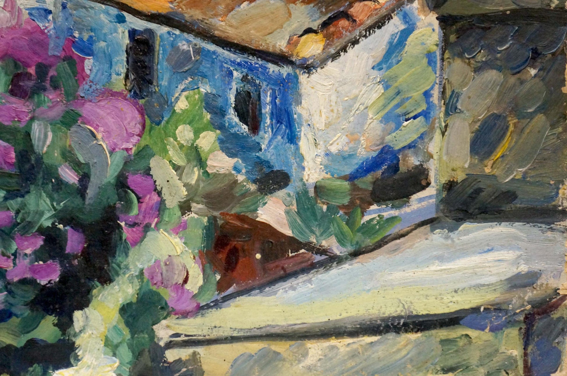 Vibrant impressionist oil painting of blue city building by Sergei Arsenievich Vinogradov