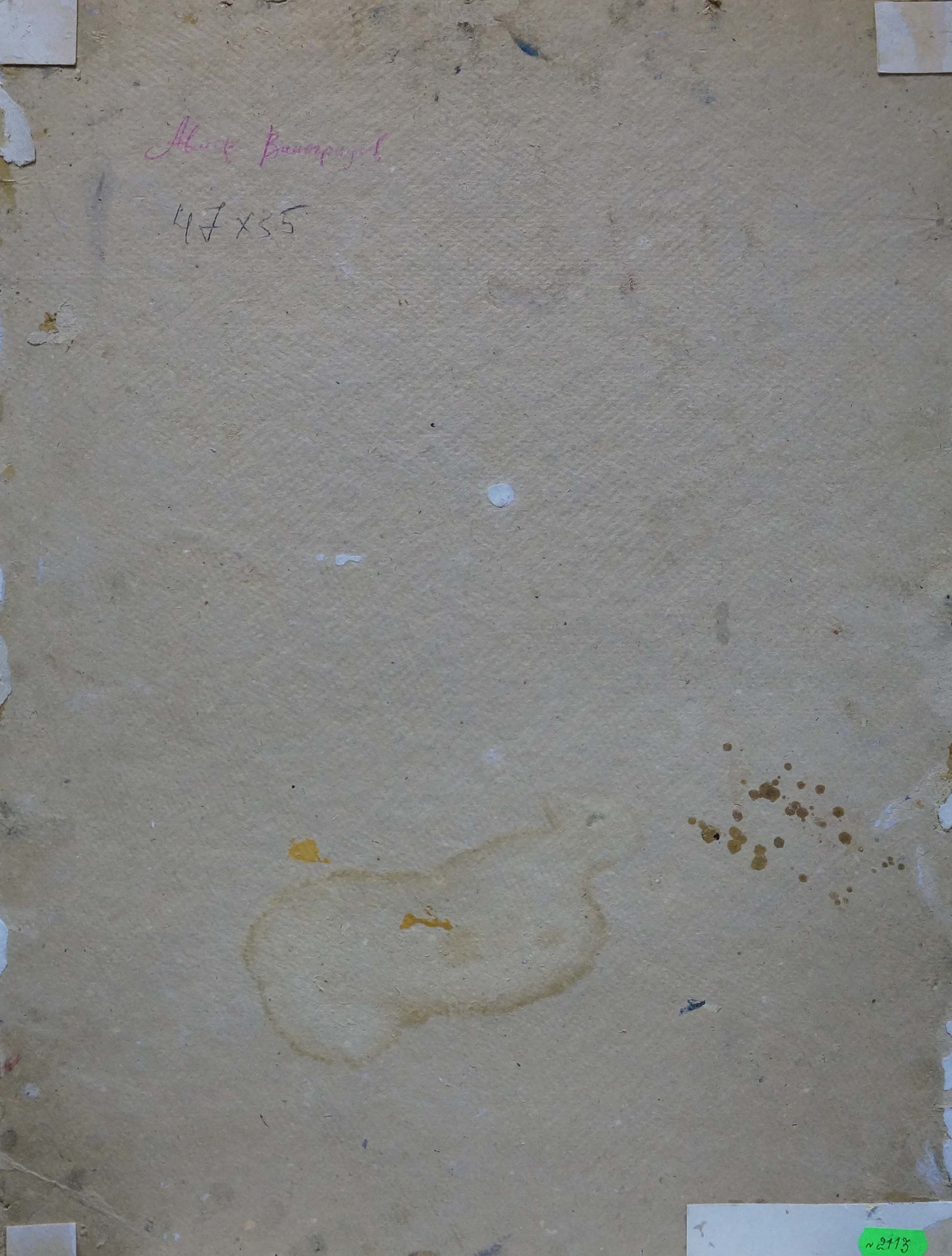 Back of Sergei Arsenievich Vinogradov oil painting on beige textured stained paper