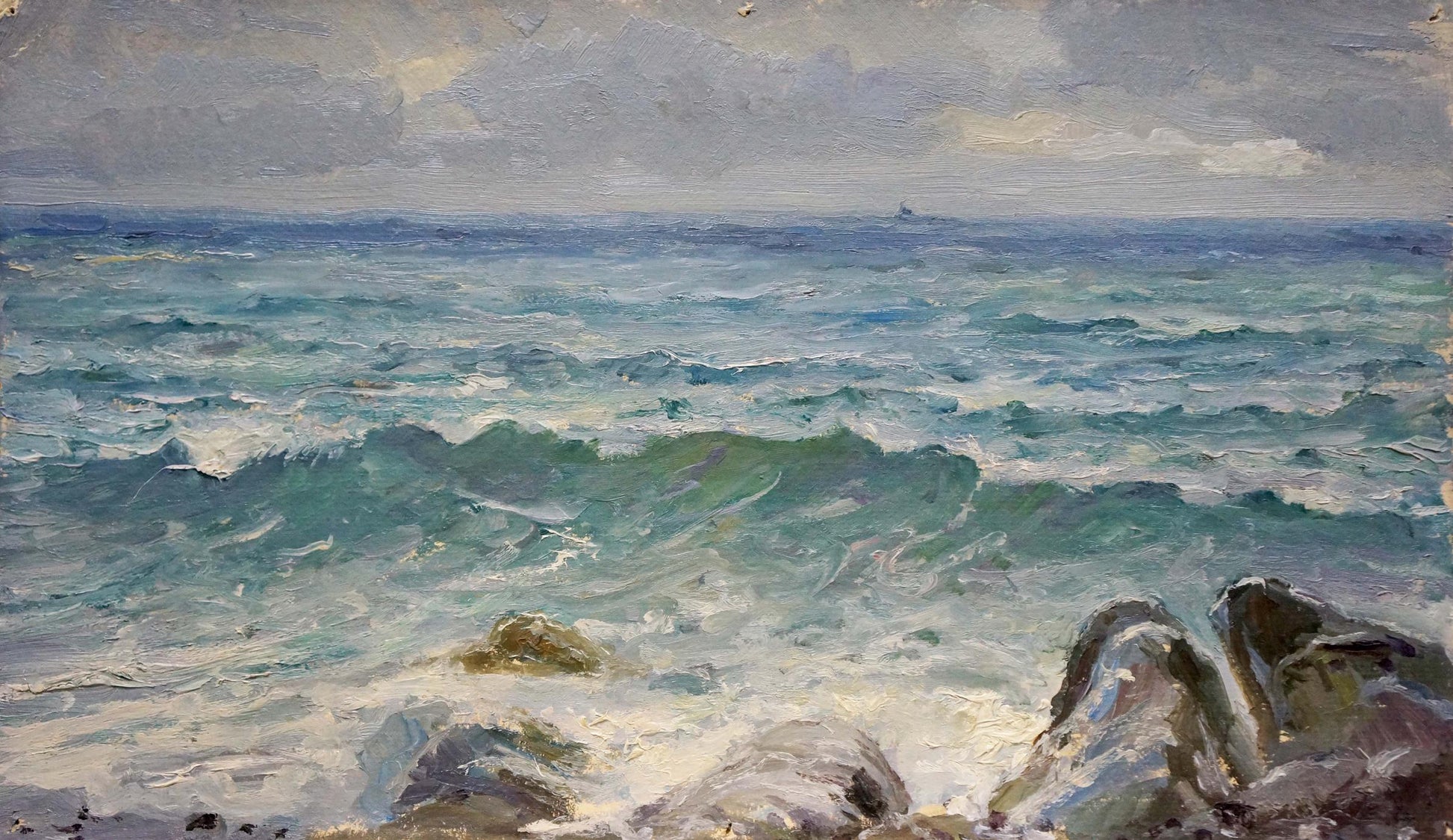 Oil painting Seascape by Arkady Strelov: stormy waves on rocks