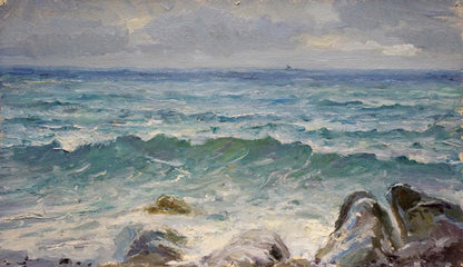 Oil painting Seascape by Arkady Strelov: stormy waves on rocks