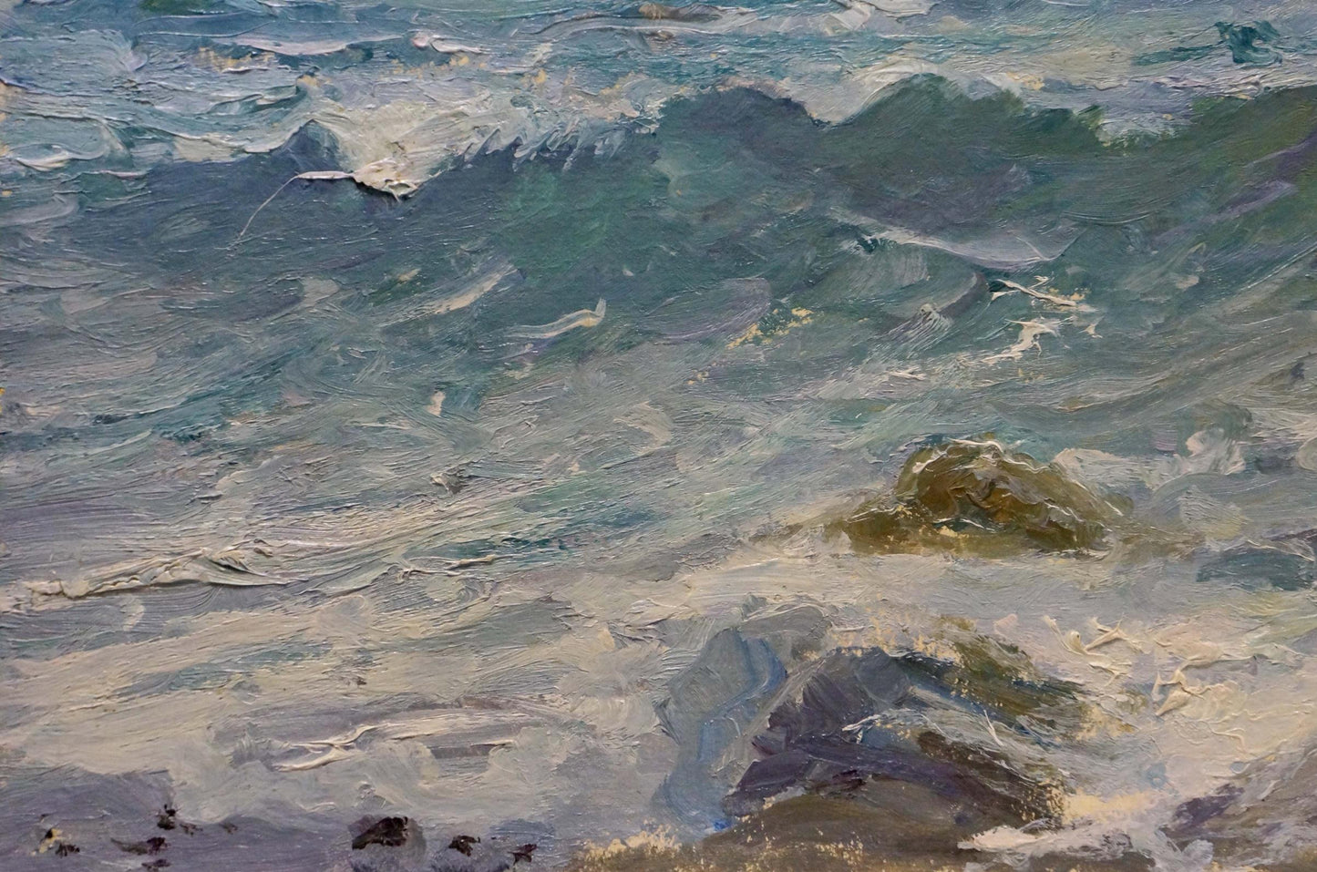 Textured oil painting of turbulent teal ocean waves by Arkady Strelov