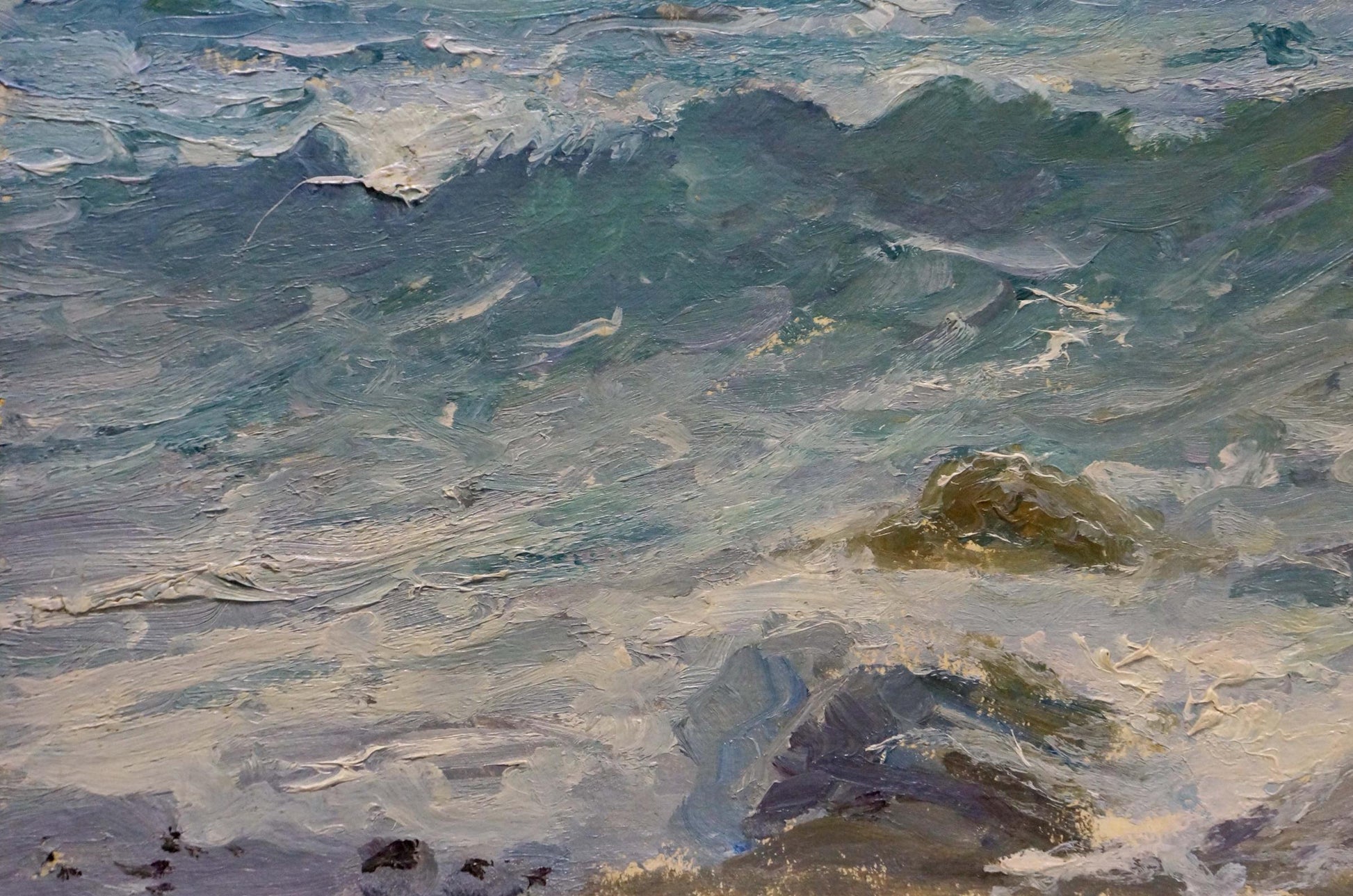 Textured oil painting of turbulent teal ocean waves by Arkady Strelov